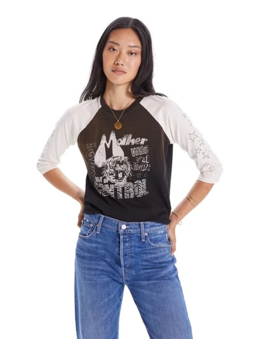 MOTHER Out of Control Raglan Baseball Tee - Black and White